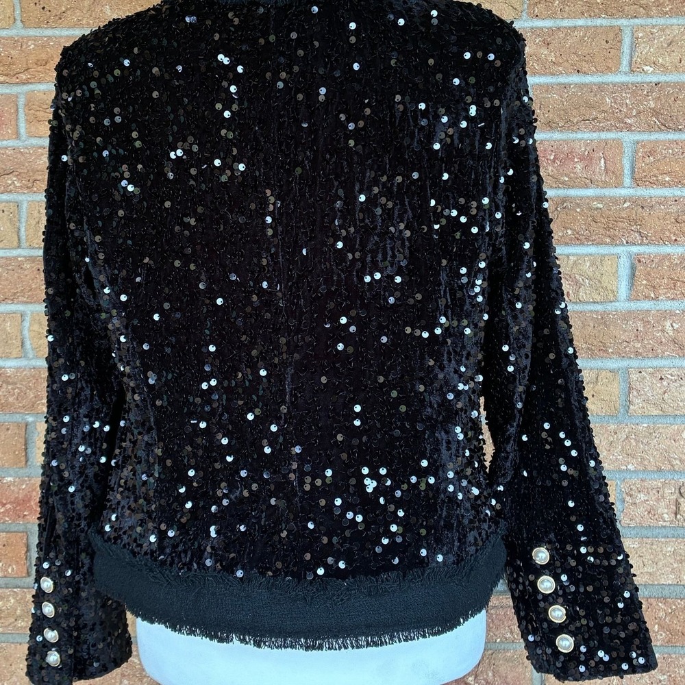 Nanette Lepore Sequin Jacket Womens Small Black New Pearl Button Frayed Trim - Picture 5 of 14